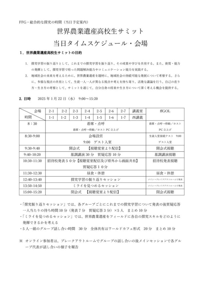 世界農業遺産高校生サミット　タイムスケジュール・会場　当日案内のサムネイル